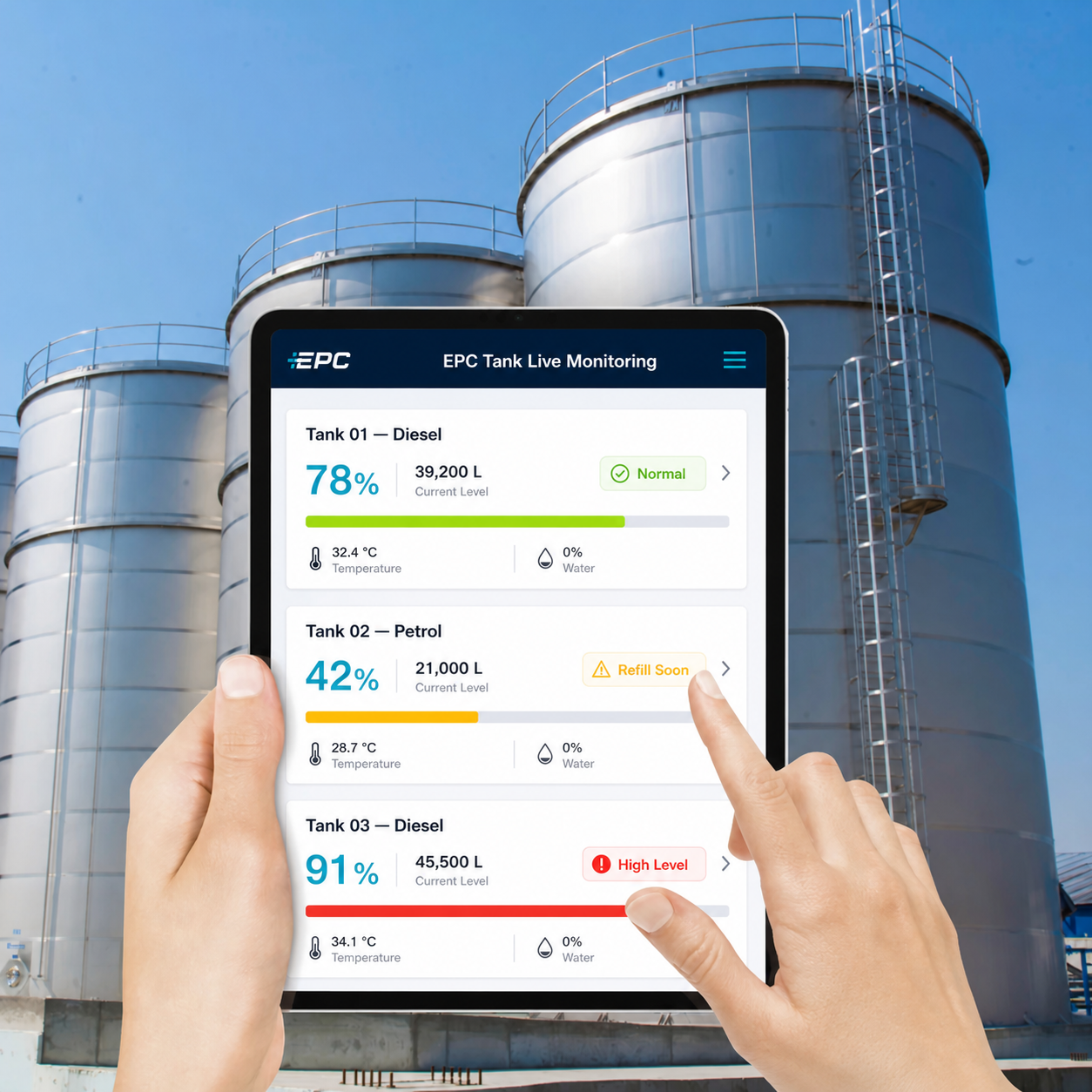 EPC Tank Live Monitoring dashboard showing diesel and petrol tank levels, temperature, water and alarms